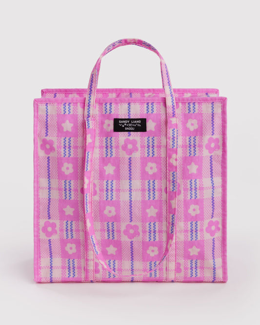 Large Nylon Market Bag Market Plaid Pink | Baggu Sale